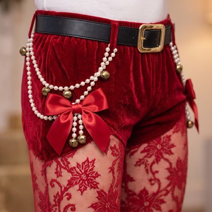 Lacemas velvet belt, bells and pearls detail